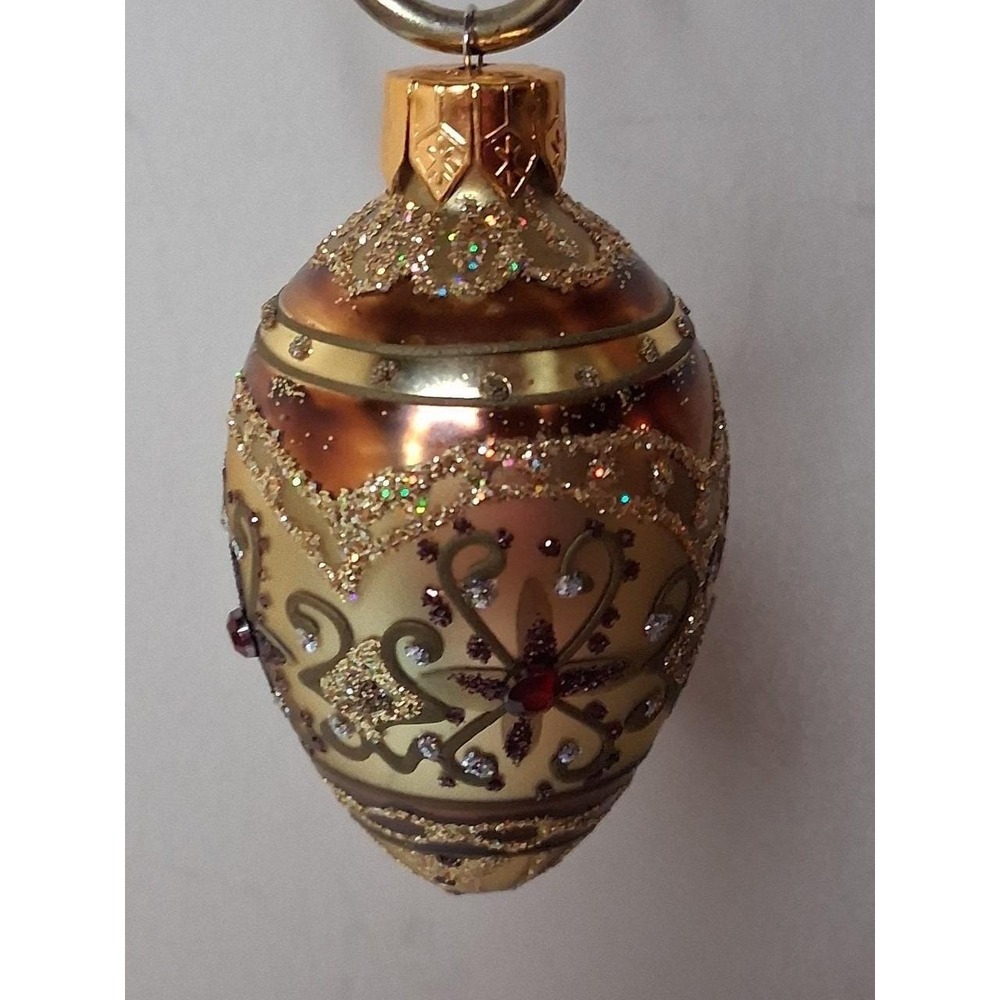 Vintage Hand Blown Glass Christmas Ornament Gold Bronze Jeweled Finial Teardrop